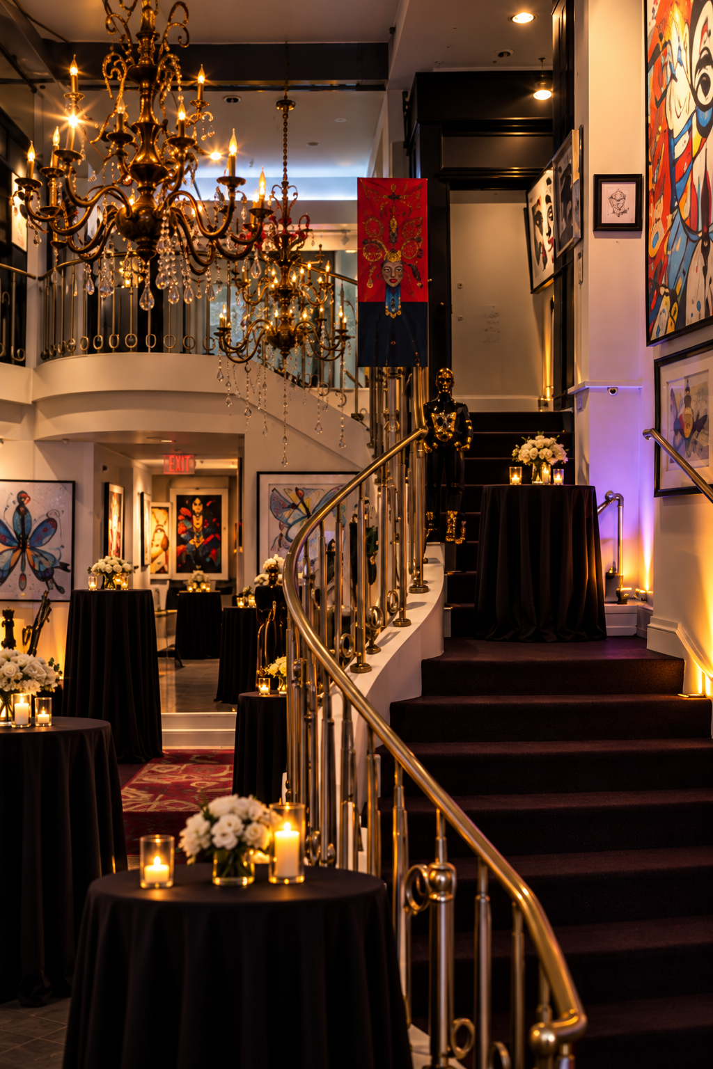 Grand staircase and chandelier inside Gallery El Dorado